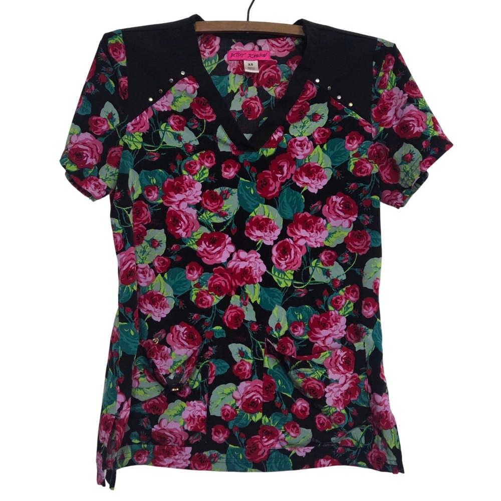 Betsey Johnson Koi Scrubs Scrub Top XS Bloomerang Roses Floral Studded Uniform